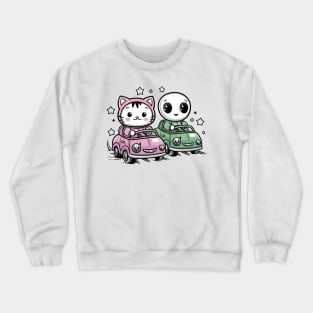 Cute kitty cat and alien in crazy cars Crewneck Sweatshirt